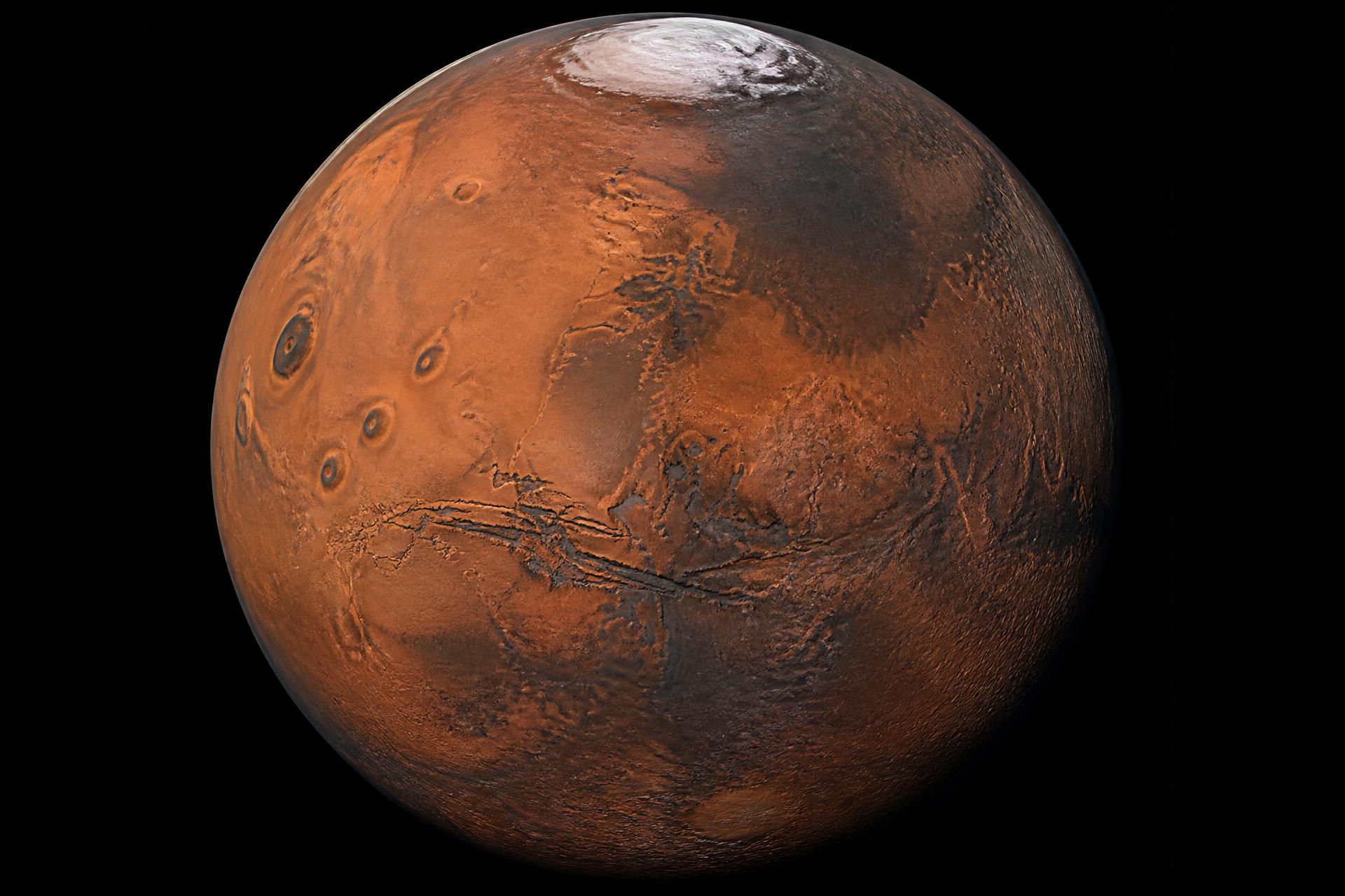 Full disk of Mars against black space, Viking-orbiter global mosaic style