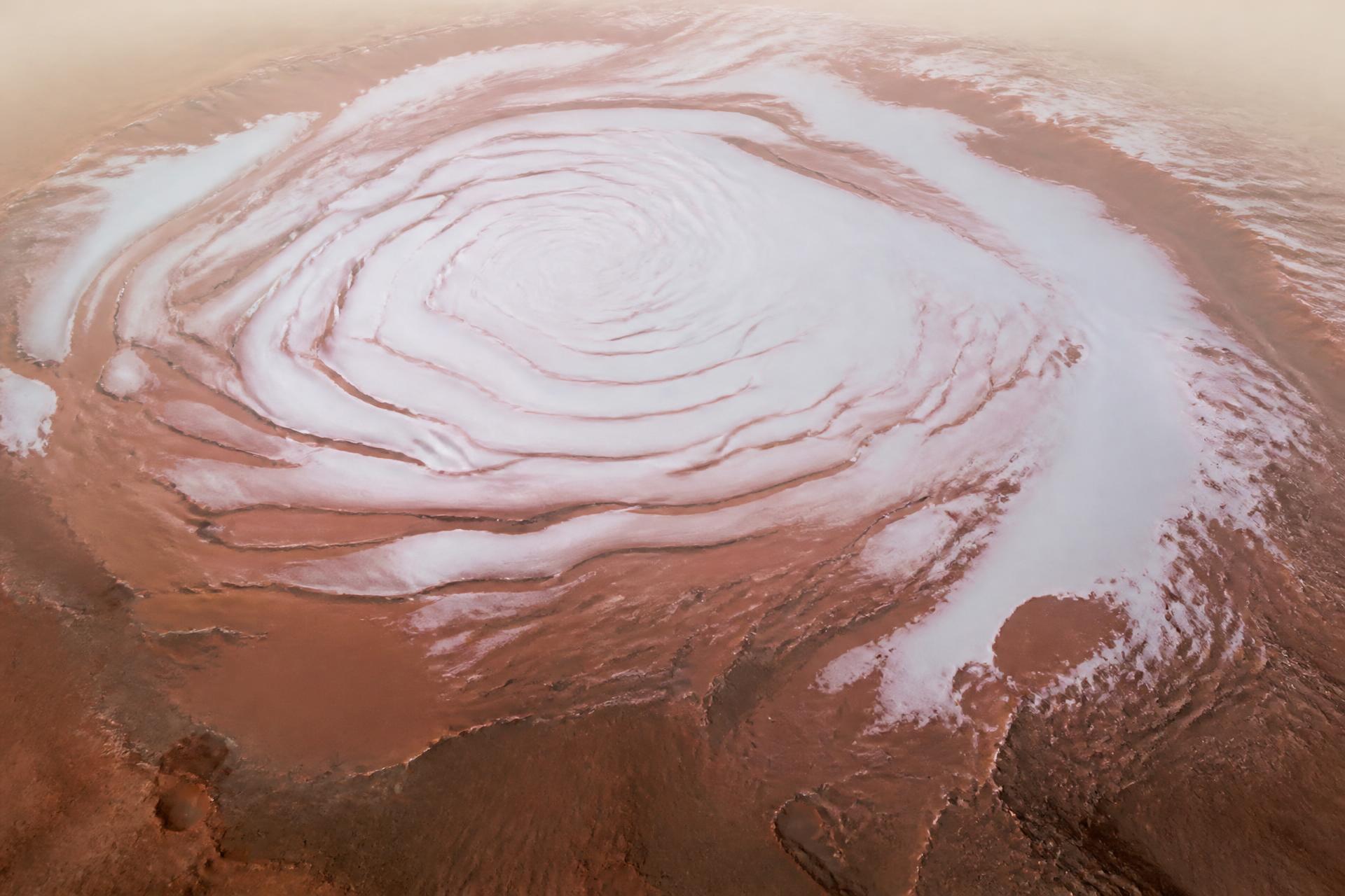Mars north polar ice cap swirling spiral pattern from orbit